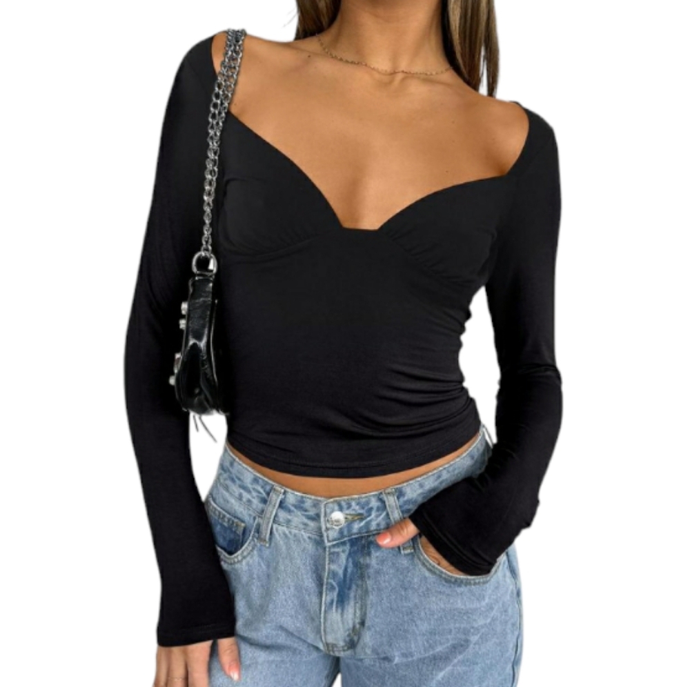 Sexy Ruched Deep V Neck Long Sleeve Low Cut Open Back Slim Fit Top Medium NWT